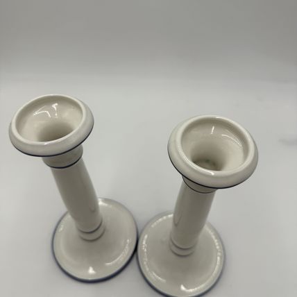 VTG Este Ceramiche Pottery Italy Ceramic candle holders 8.5” White & Blue # 491