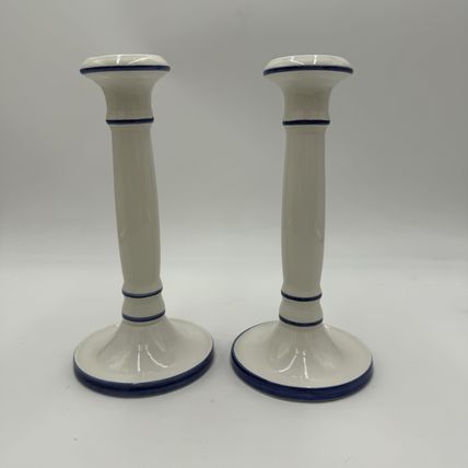 VTG Este Ceramiche Pottery Italy Ceramic candle holders 8.5” White & Blue # 491