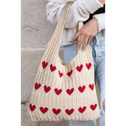 Apricot Heart Pattern Knit Large Shoulder Bag