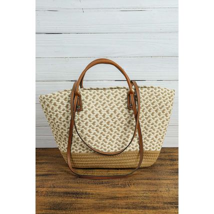 Beige Contrast Woven Leather Handle Single Shoulder Bag