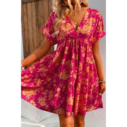 Rose Floral Print Batwing Sleeve Smock Dress