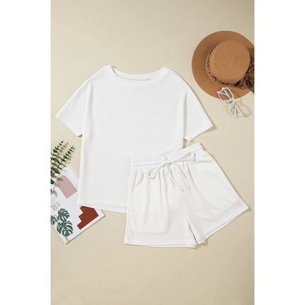 White Casual Textured Tee and Drawstring Shorts Set