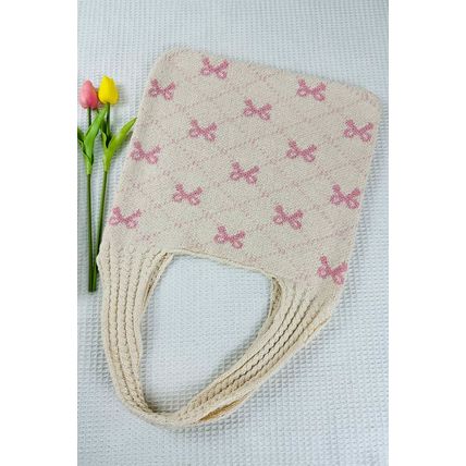 Beige Sweet Bowknot Textured Strap Knit Shoulder Bag