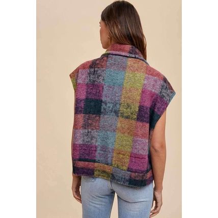 Multicolor Plaid Print Side Pockets Zipped Loose Vest