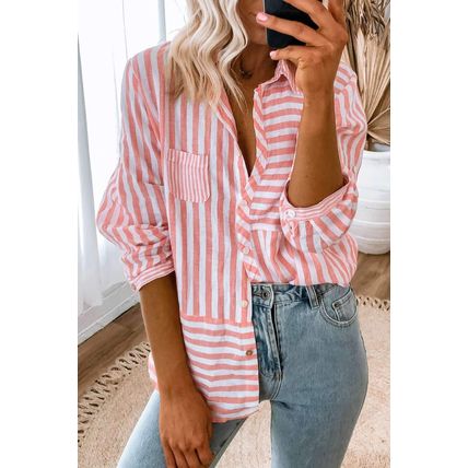 Pink Stripe Buttoned Long Sleeve Casual Shirt