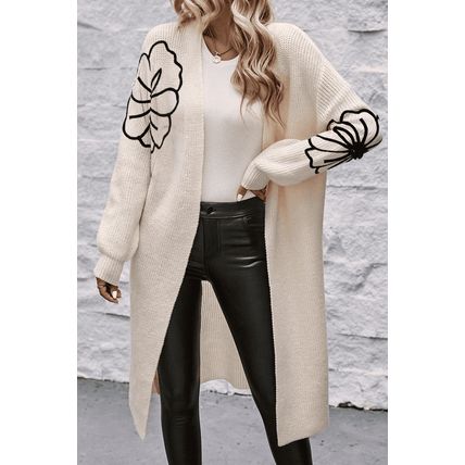 Beige Flower Embroidered Drop Shoulder Open Front Duster Cardigan