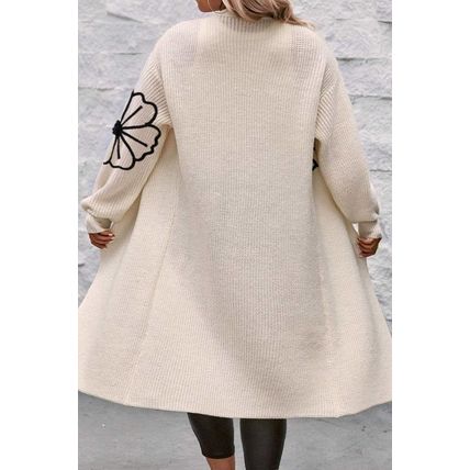 Beige Flower Embroidered Drop Shoulder Open Front Duster Cardigan