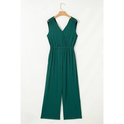 Blackish Green Deep V Pleated Crisscross Wide Leg Backless Jumpsuit