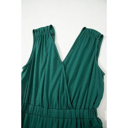 Blackish Green Deep V Pleated Crisscross Wide Leg Backless Jumpsuit