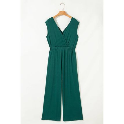 Blackish Green Deep V Pleated Crisscross Wide Leg Backless Jumpsuit