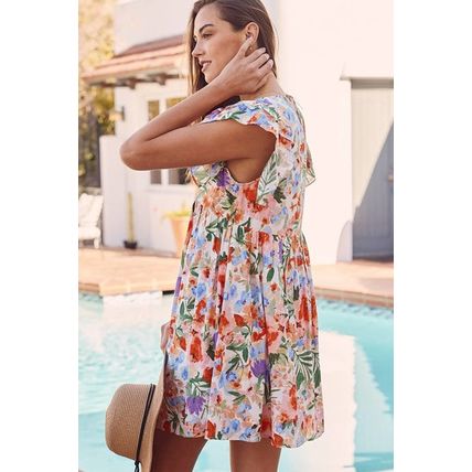 Pink Floral Double Ruffle Sleeve V Neck High Waist Mini Dress