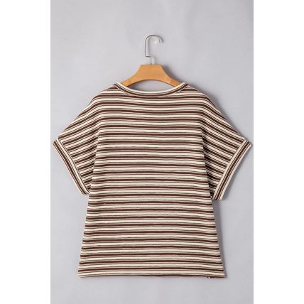Brown Stripe Textured Side Slits Crew Neck T Shirt