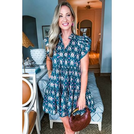 Blue Retro Floral Print Split Neck Ruffle Short Sleeve Dress