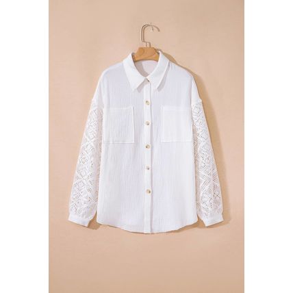 White Cotton Gauze Lace Patchwork Long Sleeve Shirt