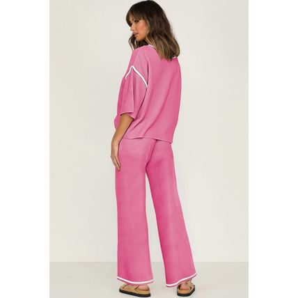 Bright Pink Contrast Trim Half Sleeve Top Drawstring Pants Loose 2pcs Sweater Su