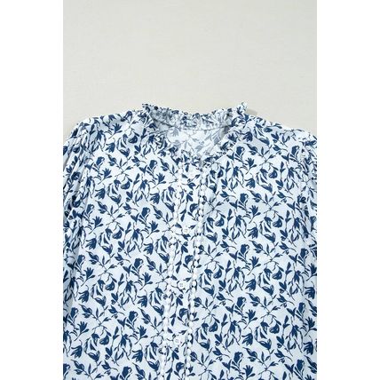 Blue Printed Lace Detail Floral Puff Sleeve Fall Shirt