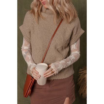 Smoke Gray Textured Knit High Neck Sweater T Shirt