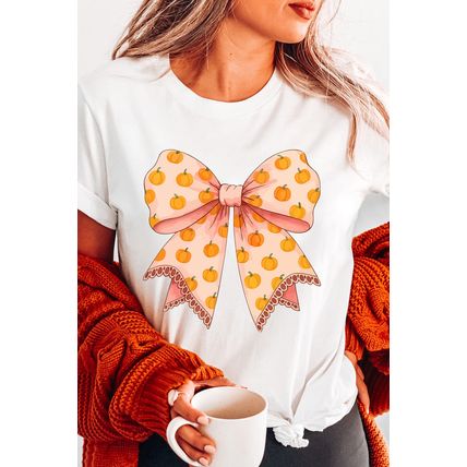 White Pumpkin Bow Print Thanksgiving T Shirt