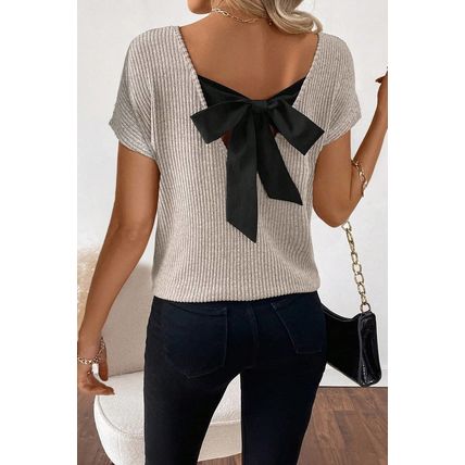 Gray Morn Ribbed Short Sleeve V Neck Colorblock Bow Back Top