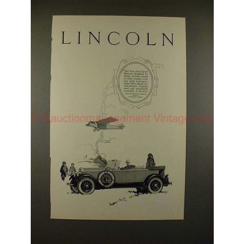 1926 Lincoln Sport Phaeton Car Ad - w/ Airplane, NICE!!
