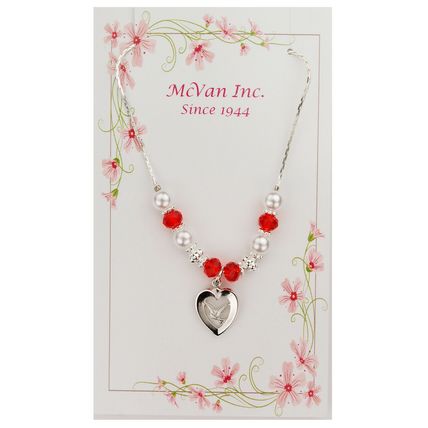 Holy Spirit Heart, Red and Pearl Necklace Plus Two Free Prayer Cards