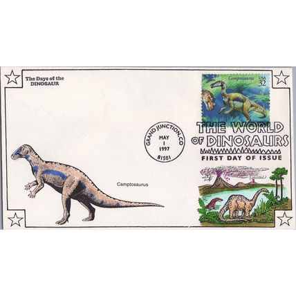 ZAYIX US 3136 FDC Dinosaurs - Nice Color Cachet - Volcano Scene - Camptosaurus