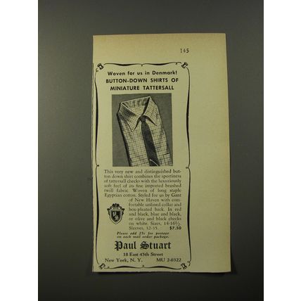 1954 Paul Stuart Shirts Ad - Woven for us in Denmark! Button-down shirts