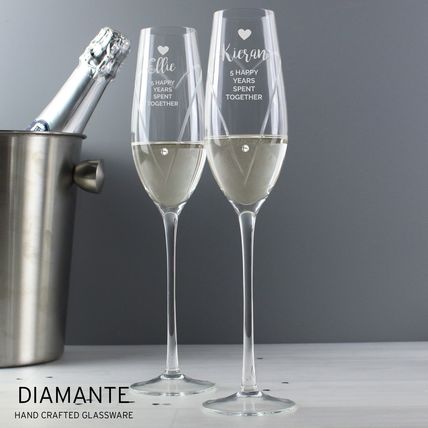 Flutes pair Diamante Hand Crafted Glasses heart anniversary engagement Wedding