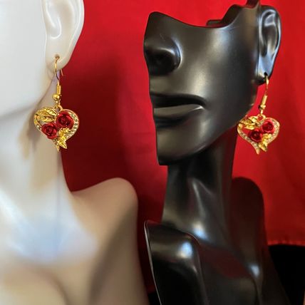 Earrings Golden Red Rose Heart Shape Drop Dangle #588