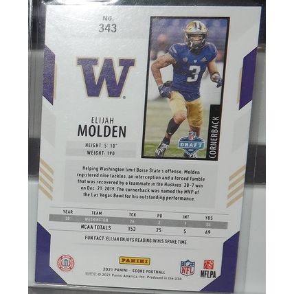 2021 Panini Score ELIJAH MOLDEN (Washington Huskies/Tennessee Titans) RC #343