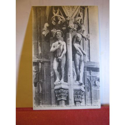 ADAM & EVE STATUES, CATHEDRAL, ROUEN, France antique unused postcard =