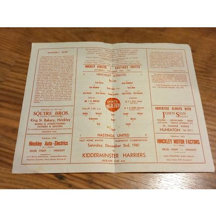 1961/62 Hinckley Ath v Hastings United - Southern League - 25/11/1961 *FREE P&P*