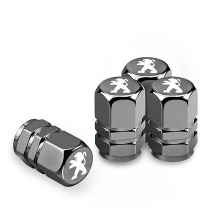 4 X GREY METAL PEUGEOT STYLE TYRE VALVE DUST CAPS - BRAND NEW - UK STOCK