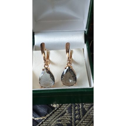 Vintage 1990-s 14 Ct Rolled Gold Grey Quartz Earrings-Hallmarked 585 RG