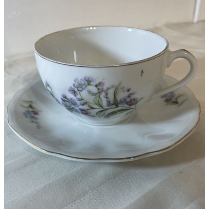 VTG Bone China Japan Tea Cup & Saucer Floral Scene Purple/Blue/White/Gold Trim