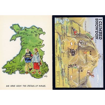 I Climbed Snowdon Welsh Castles 2x Tourist Map Comic Postcard s