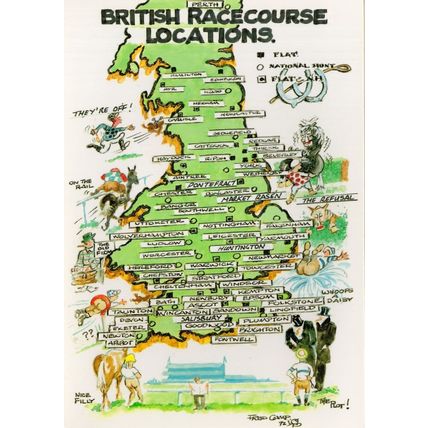 British Horse Race Racing Locations Map Rare Comic 1980s Postcard