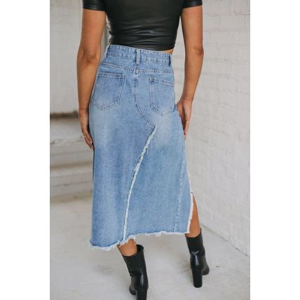 Light Blue Frayed Slit Asymmetric Denim Midi Skirt