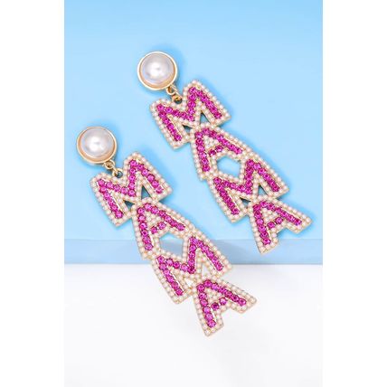 Rose Red MAMA Rhinestone Pearl Dangle Stud Earrings