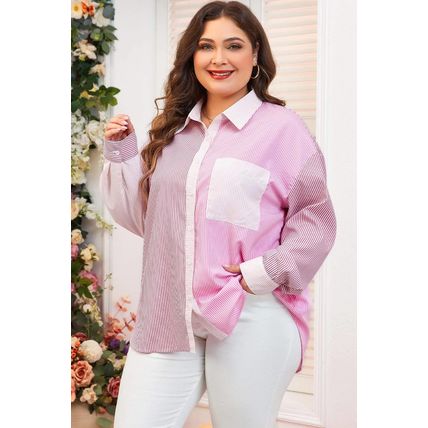 Pink Stripe Print Colorblock Plus Size Shirt