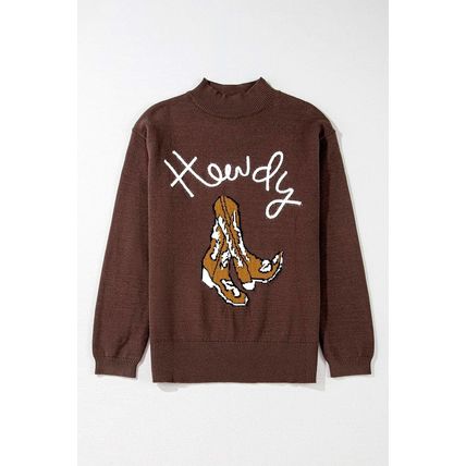 Coffee Western Howdy Boot Graphic High Neck Sweater