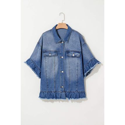 Peacock Blue Ruffled Frayed Short Sleeve Plus Size Denim Jacket