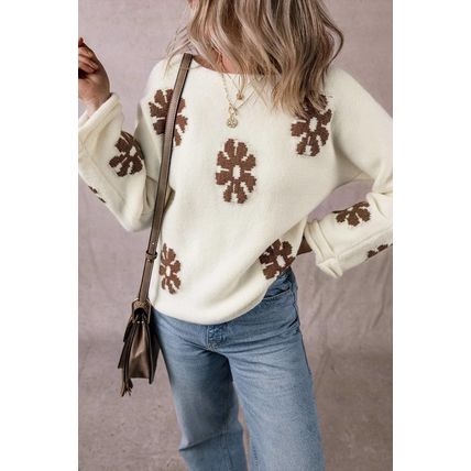 White Colorblock Floral Pattern Round Neck Sweater