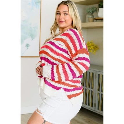 Pink Stripe V Neck Drop Shoulder Plus Size Sweater