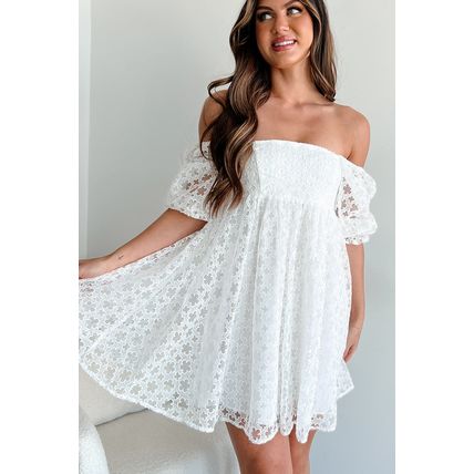 White Floral Lace Puff Sleeve Empire Waist Mini Dress
