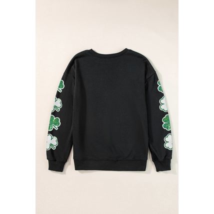 Black Sequin Clover Patched Drop Shoulder Sweatshirt