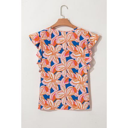 Orange Summer Flower Print Notched Neck Ruffle Sleeve Blouse