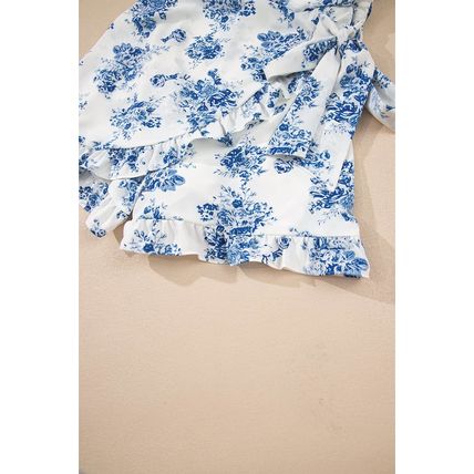 Sky Blue Floral Print Strapless Zipped Back Knot Waist Ruffled Romper
