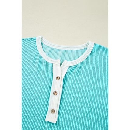 Turquoise Corded Colorblock Buttons Henley T Shirt