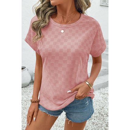 Apricot Pink Checkered Textured Round Neck T-shirt